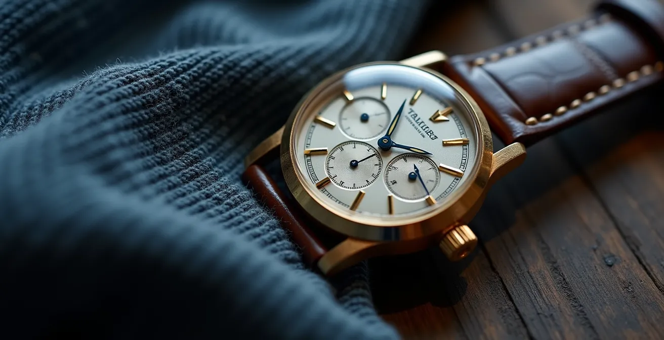 Macro shot de montre de luxe vintage sur manche de sweatshirt texturé