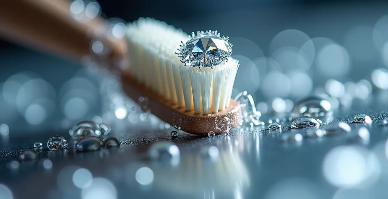 Vue macro d'une brosse douce nettoyant délicatement un sertissage de diamant