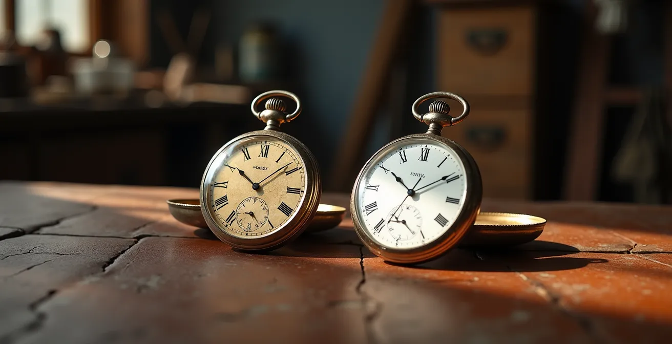 Comparaison côte à côte d'une montre vintage avec sa patine originale et d'une montre restaurée avec polissage moderne