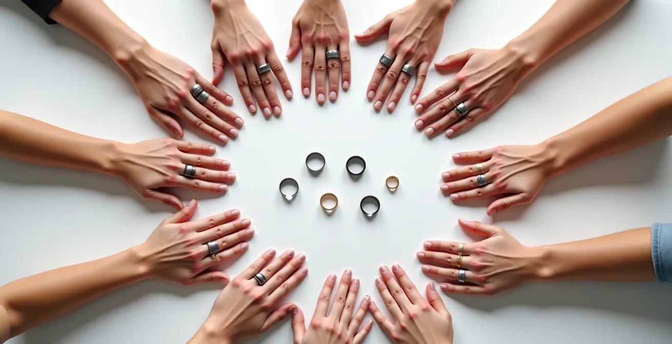 Mains diverses avec bagues mal ajustées illustrant le problème des tailles genrées