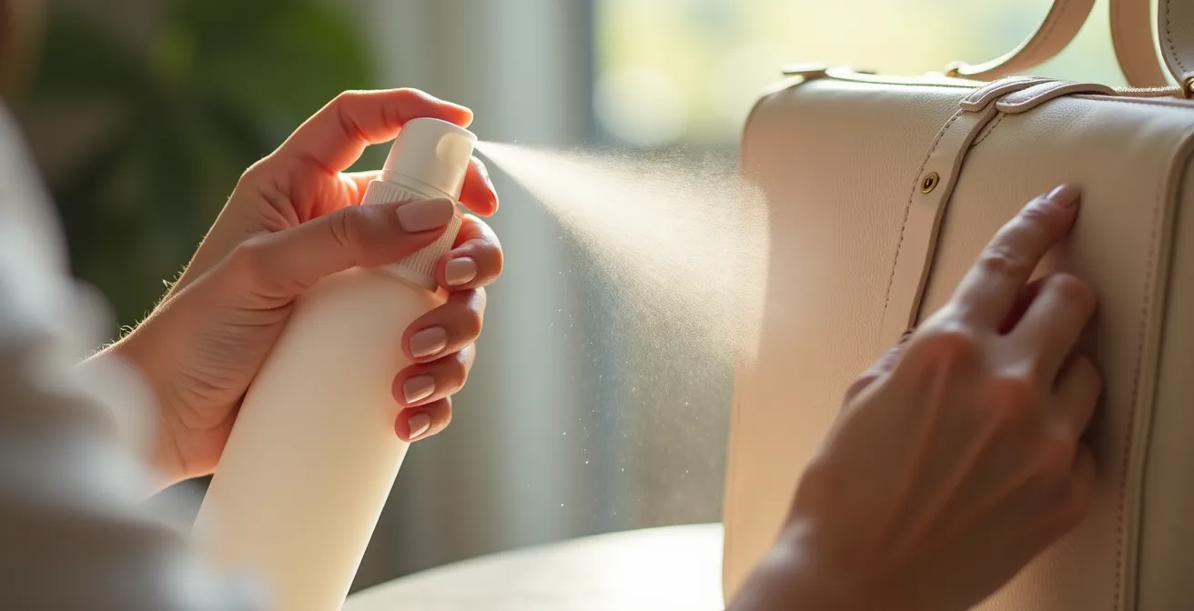 Application d'un spray protecteur sur un sac en cuir clair