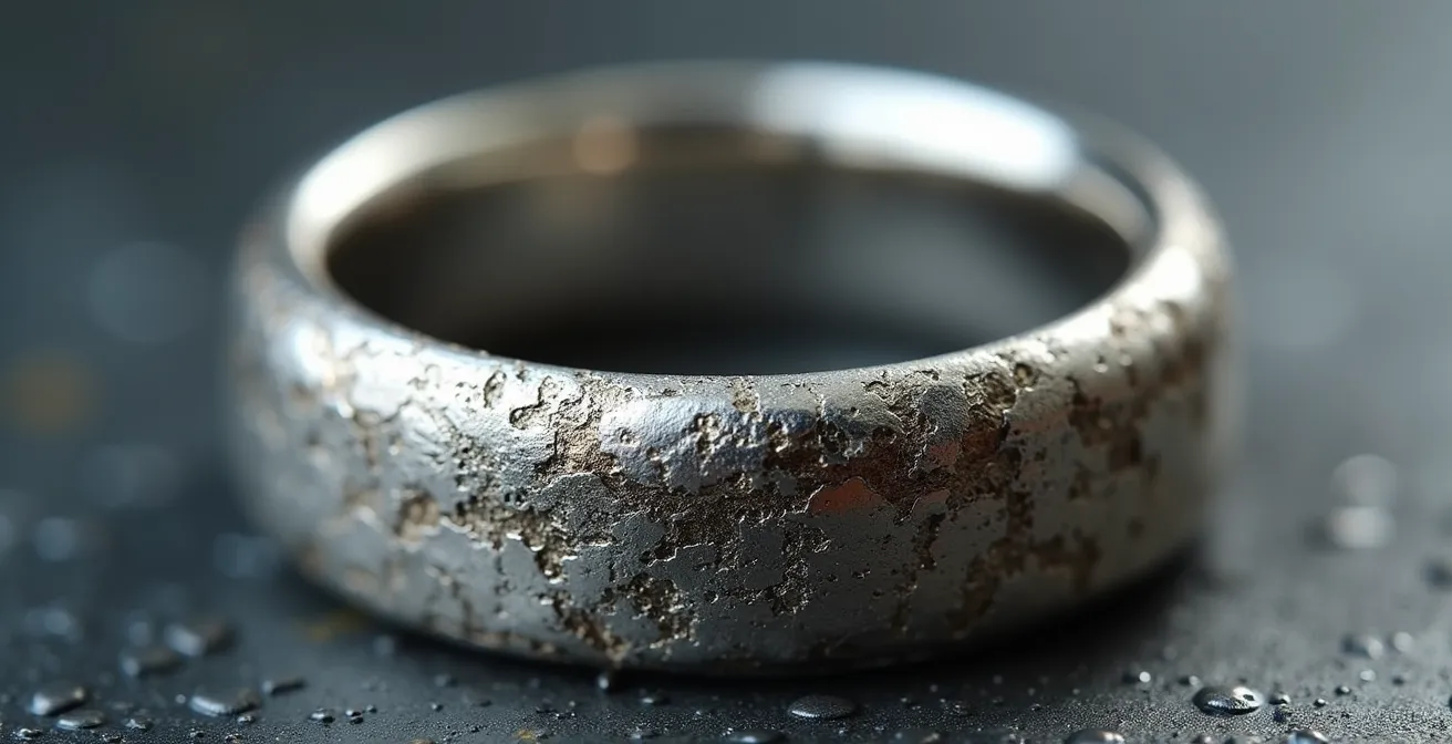 Gros plan macro sur la surface d'une bague en argent montrant le processus d'oxydation