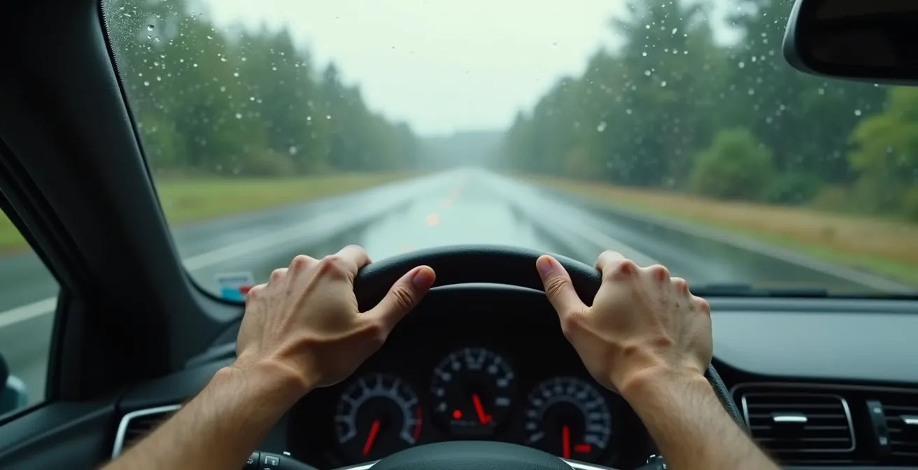 Vue de conducteur montrant une route mouillée avec effet de comparaison visuelle entre vision normale et polarisée