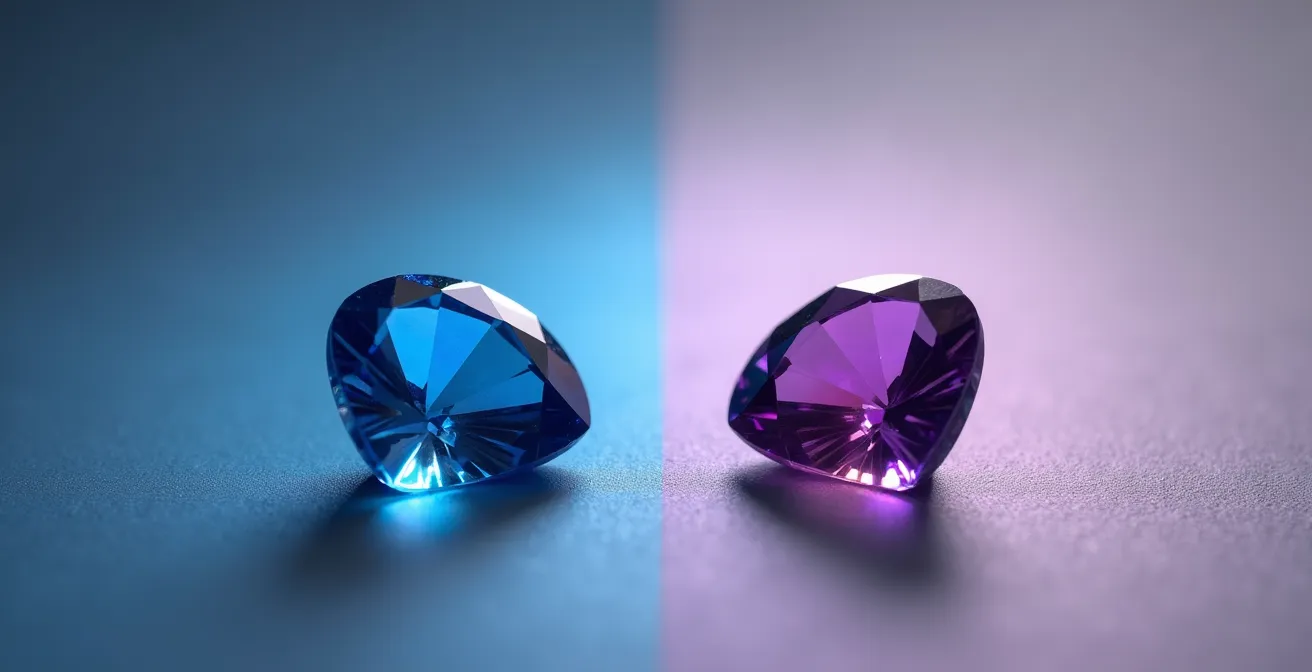 Saphir à changement de couleur photographié sous deux sources lumineuses différentes montrant la transition bleu-violet