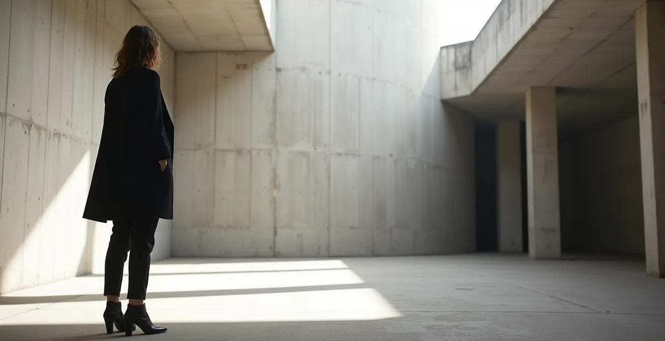 Femme en tenue noire intégrale dans un espace architectural épuré, projetant une image de force et de minimalisme