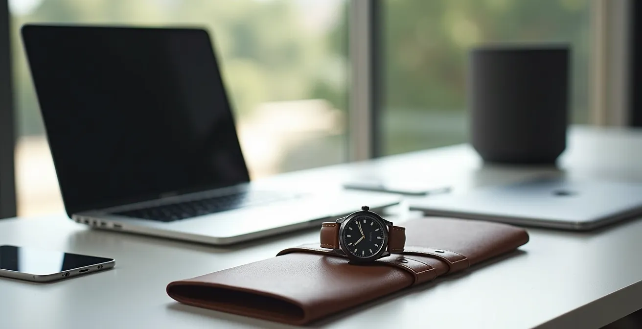 Environnement de bureau moderne avec ordinateur portable, smartphone et montre posée à distance sécuritaire des appareils électroniques