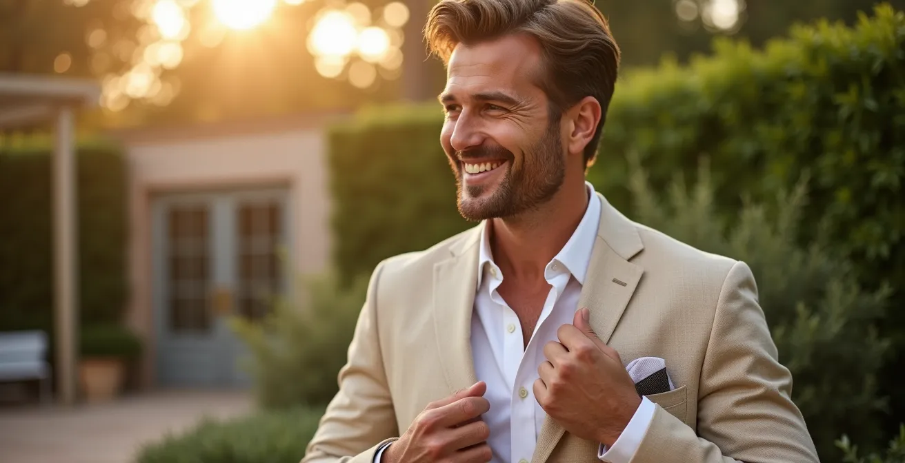 Homme élégant en tenue de mariage décontractée sans cravate
