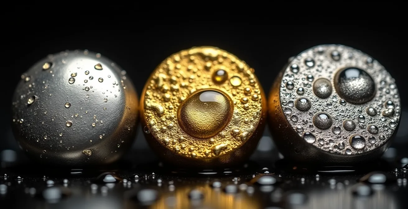 Gros plan macro sur trois échantillons de métaux précieux montrant différentes textures et patines après exposition