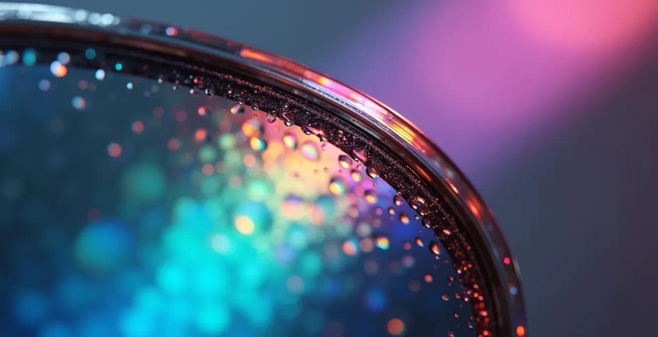 Macro photographique montrant les différentes couches d'un verre de lunettes avec effets de lumière illustrant la protection UV, la teinte et la polarisation
