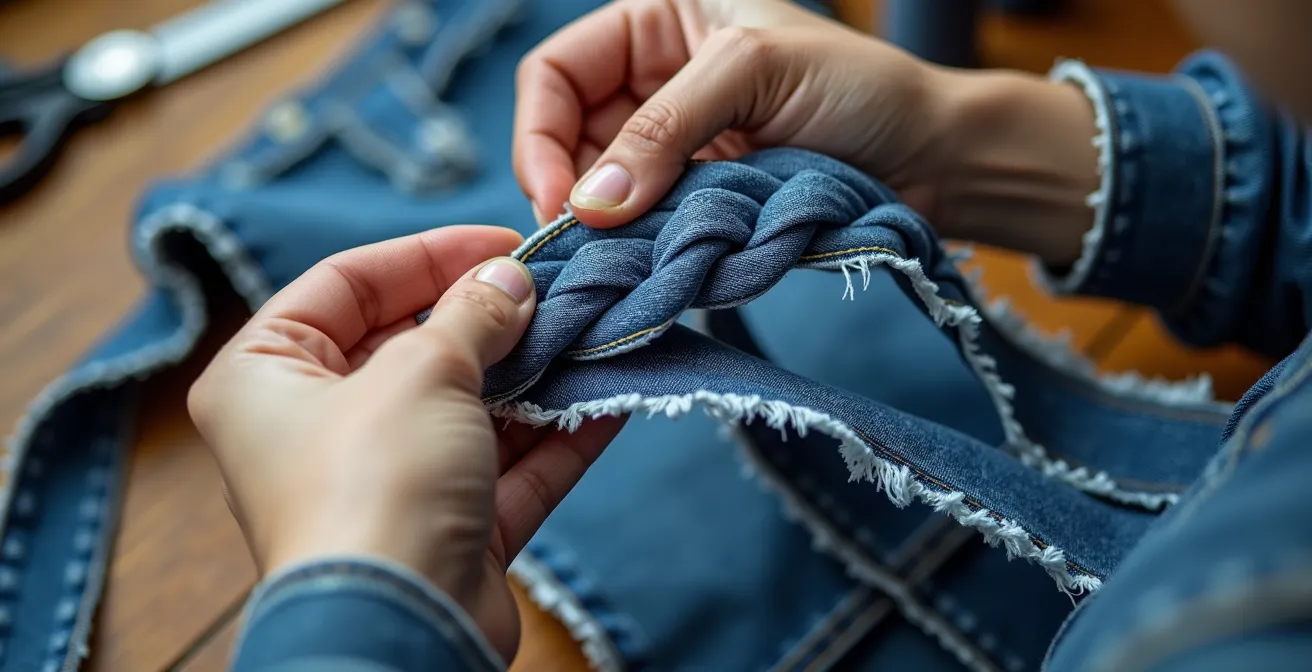 Mains travaillant le denim découpé en lanières avec outils d'artisanat disposés autour