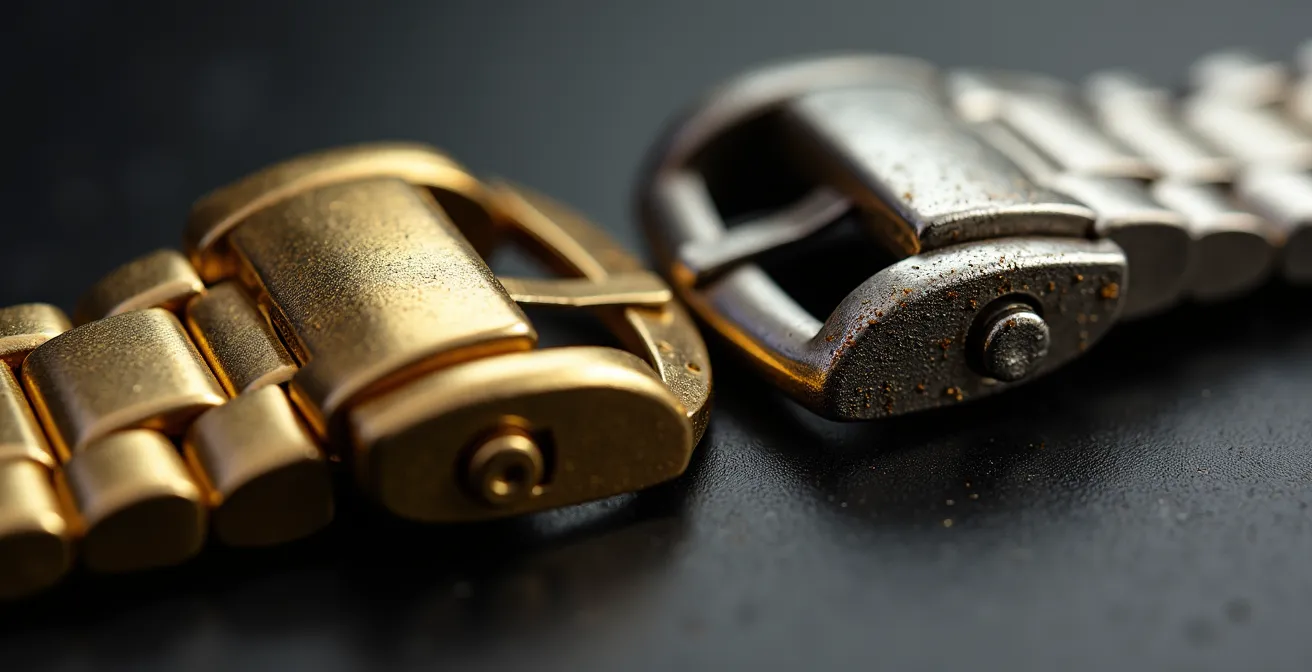 Comparaison entre une boucle de montre dorée neuve et la même boucle usée après 6 mois d'utilisation quotidienne, montrant l'écaillage du revêtement.