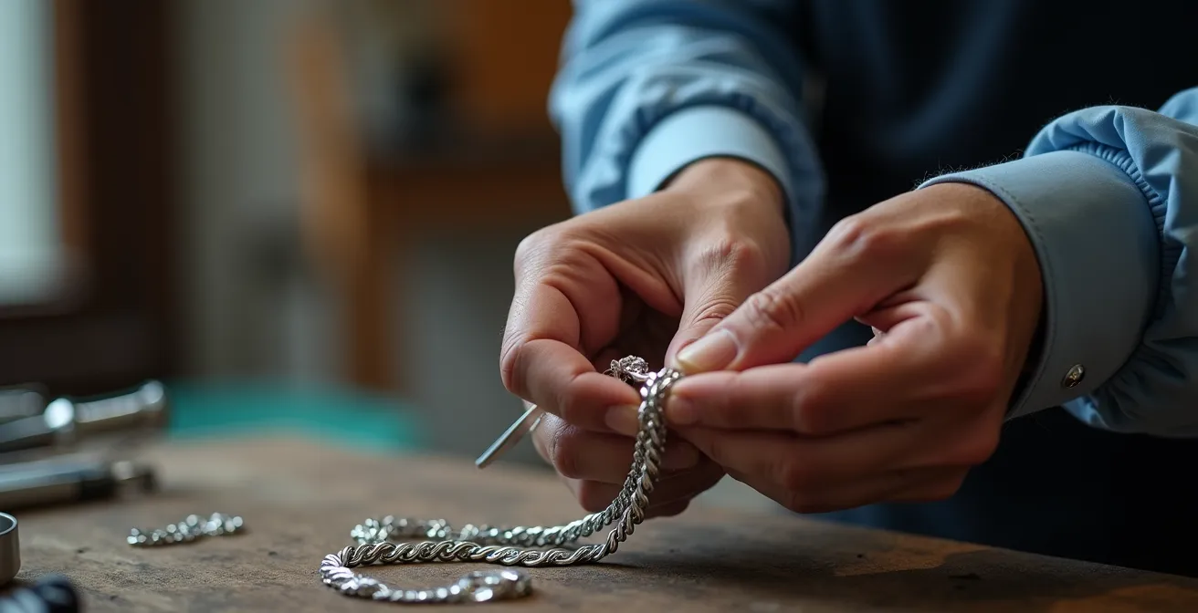 Mains d'artisan examinant les détails d'un bijou en argent usé avec une loupe
